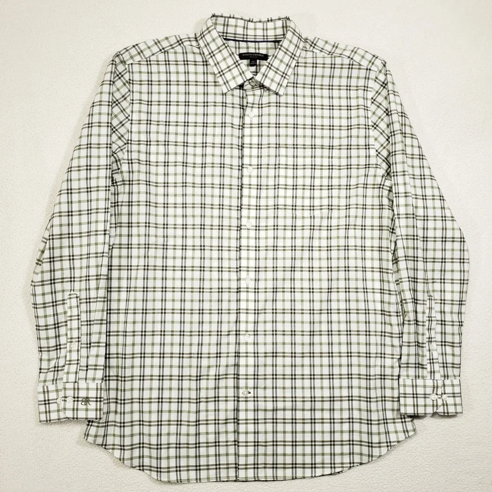 Banana Republic Button Up Shirt Men XXL Green Plaid Slim Fit Cotton Long Sleeve
